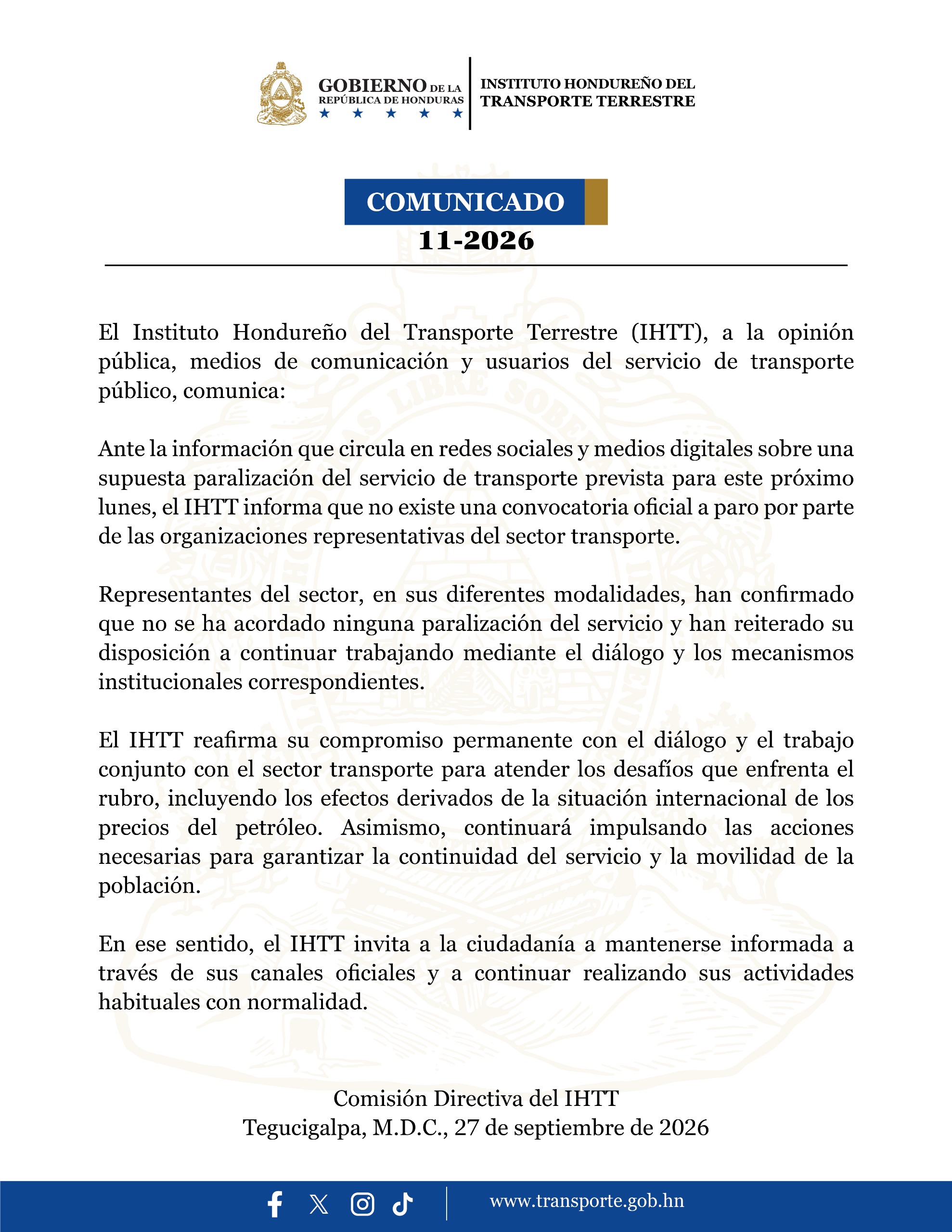 El IHTT aseguró que no existe una convocatoria oficial a paro por parte de las organizaciones representativas del transporte.