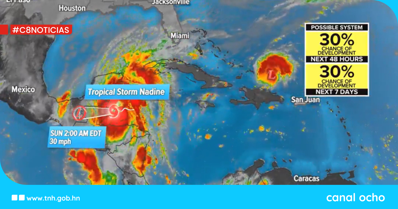 Cenaos informa sobre la formación de la tormenta tropical Nadine en el Caribe hondureño