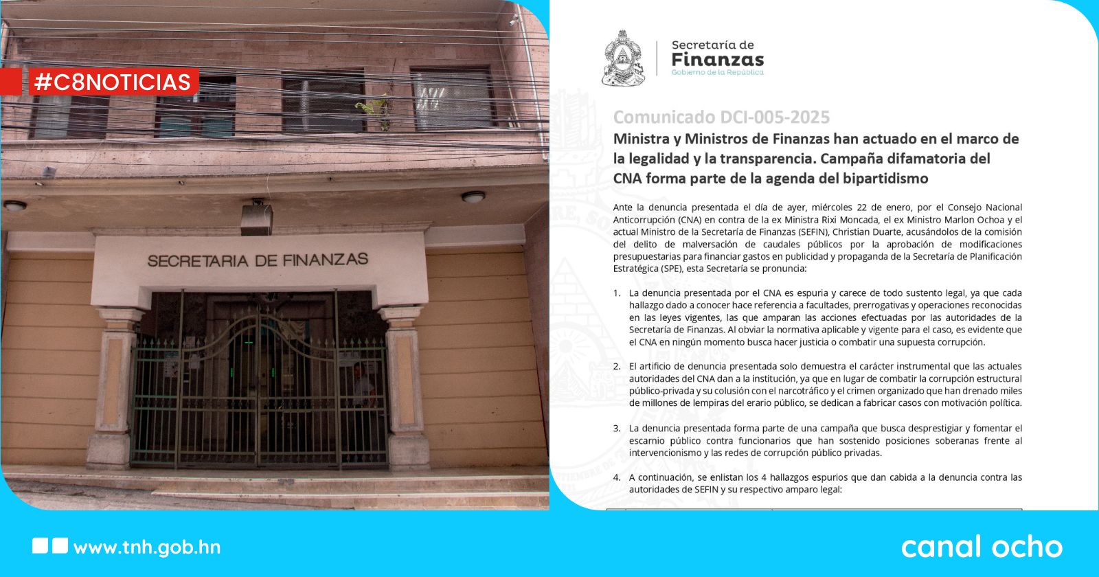 Sefin responde a denuncia del CNA: califica acusaciones como infundadas y de carácter político