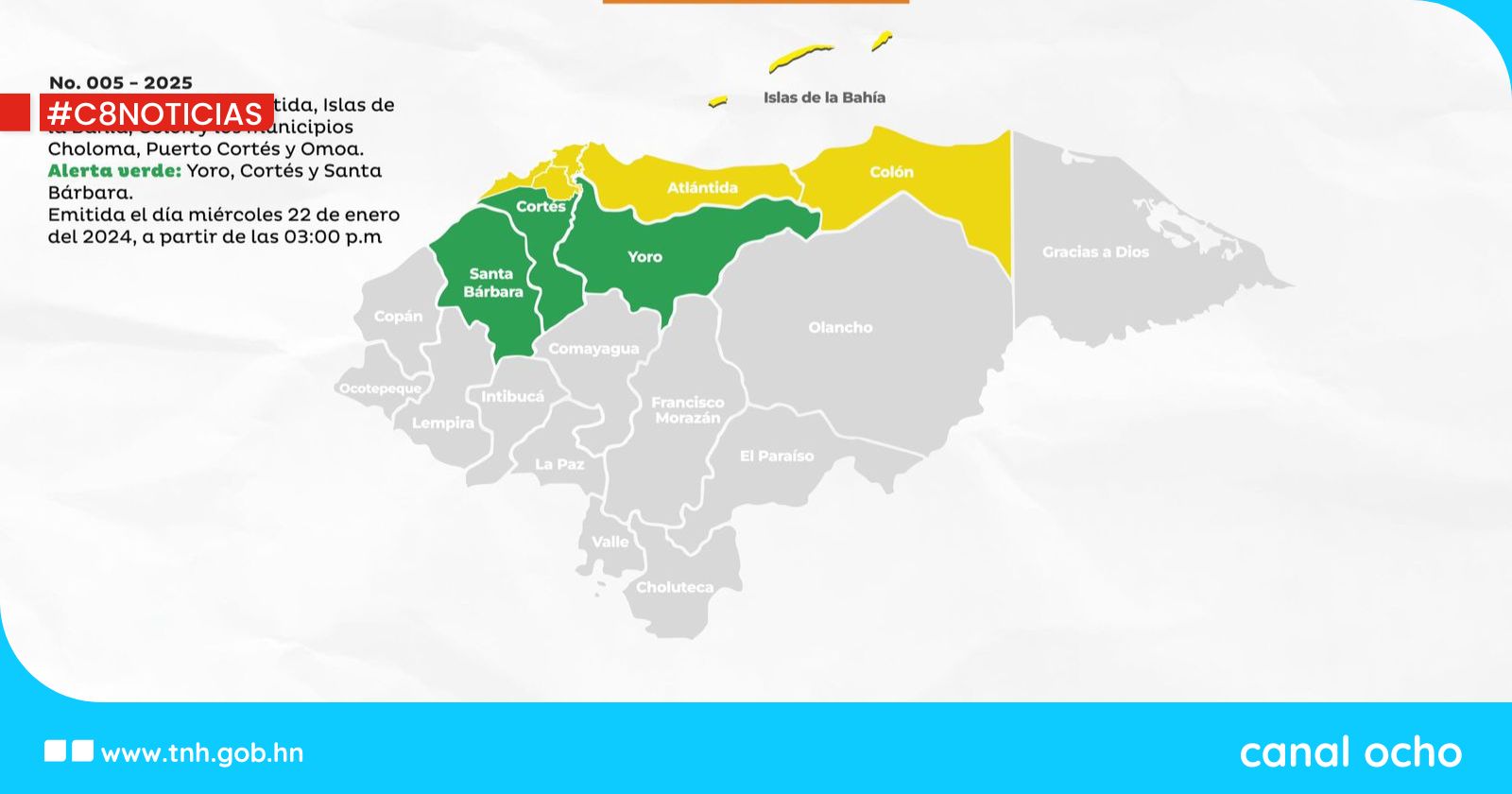 Alerta amarilla para tres departamentos de Honduras y tres municipios de Cortés