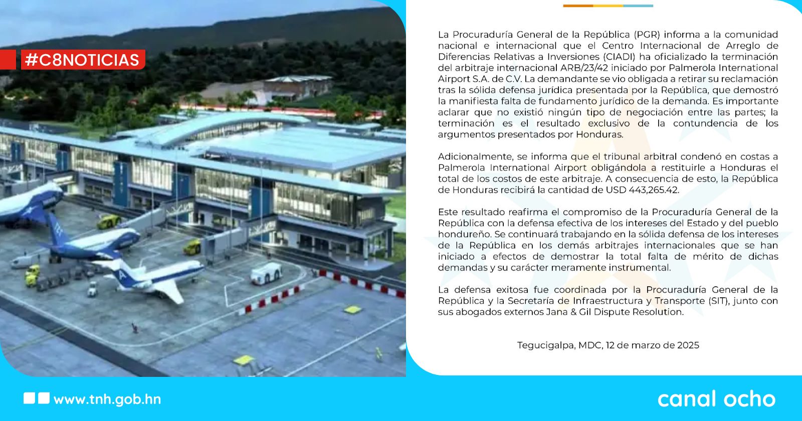 CIADI falla a favor de Honduras; el país recibirá $443,265.42 de Palmerola International Airport