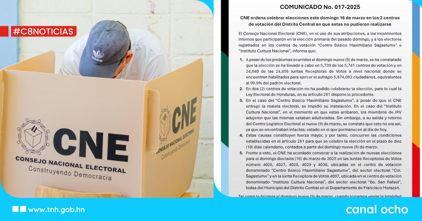 CNE ordena celebrar elecciones este domingo 16 de marzo en los 2 centros de votación del DC