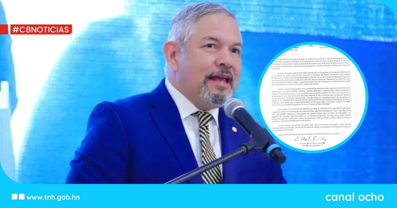 Enrique Reina presenta carta de renuncia a su cargo de canciller