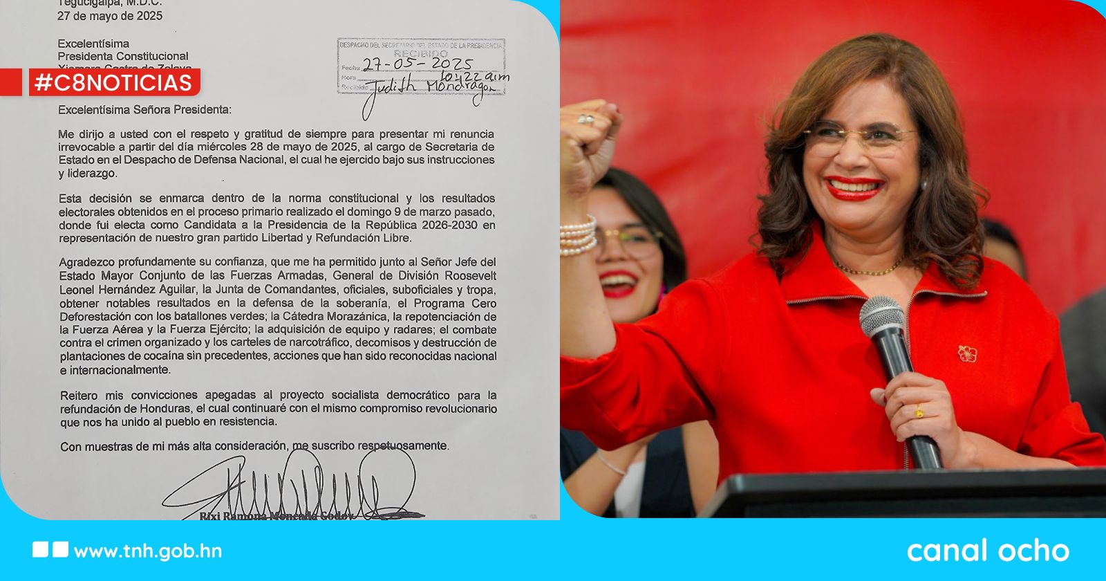 Rixi Moncada presenta carta de renuncia para participar en elecciones generales 2025