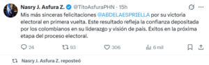 Asfura felicita a Abelardo de la Espriella 